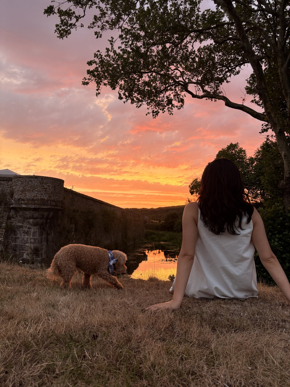 Sitting on the grass above the moat at sunset, the dog nearby