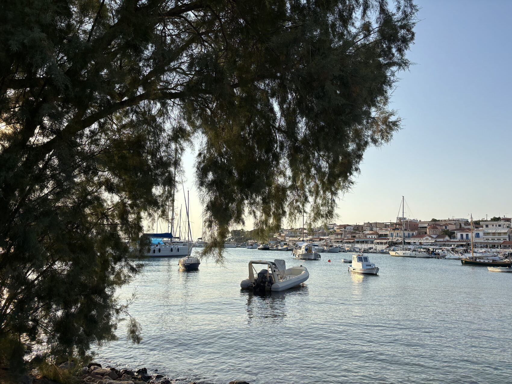 Fishing boats moored off Aegina in the evening