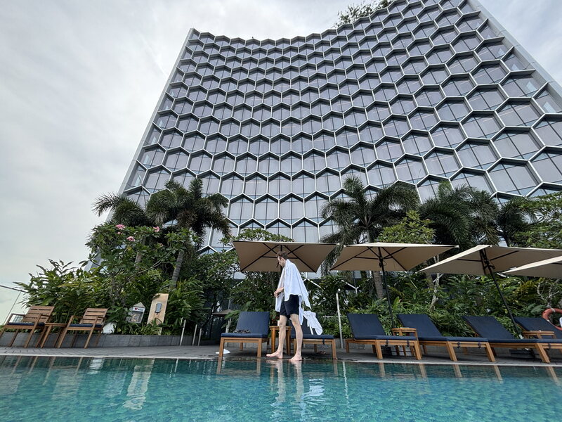 A hotel pool under a hexagonal canopy, Singapore